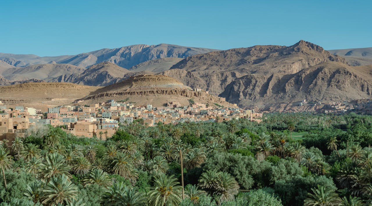 Scenic view of Tinghir oasis with lush greenery and Atlas Mountains in the background, Morocco.
