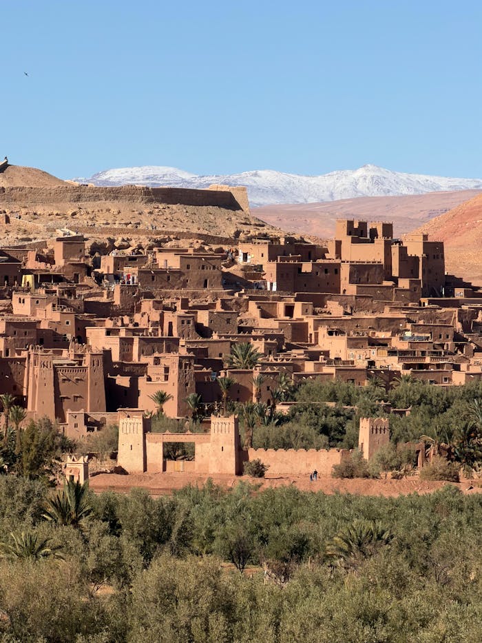 Stunning view of the ancient mud-brick ksar Aït Benhaddou near the Atlas Mountains in Morocco.