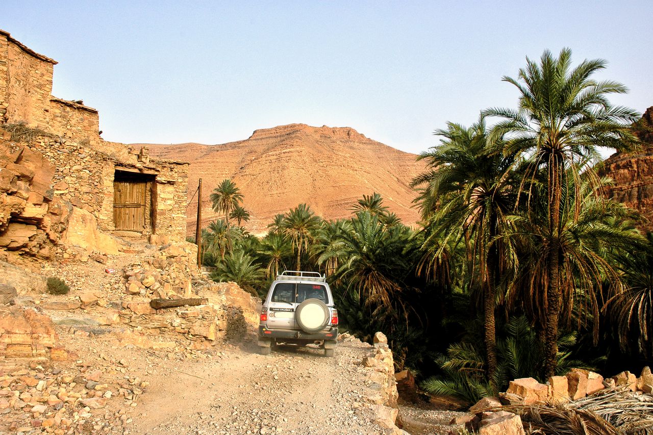 Explore Tamanarte village with an off-road vehicle amidst stunning desert landscapes and lush palm oasis.